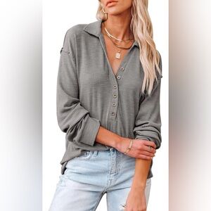 Chriselda Long Sleeve  Ribbed Henley Tunic Top Sexy V Neck T Shirt  L Dark Grey